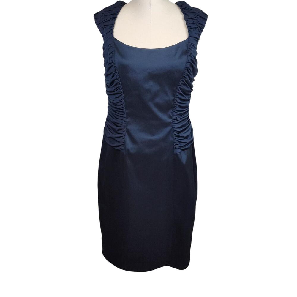 Tadashi Collection Dress Womens 14 Blue Ruched Sheath Scoop Neck Cocktail Formal